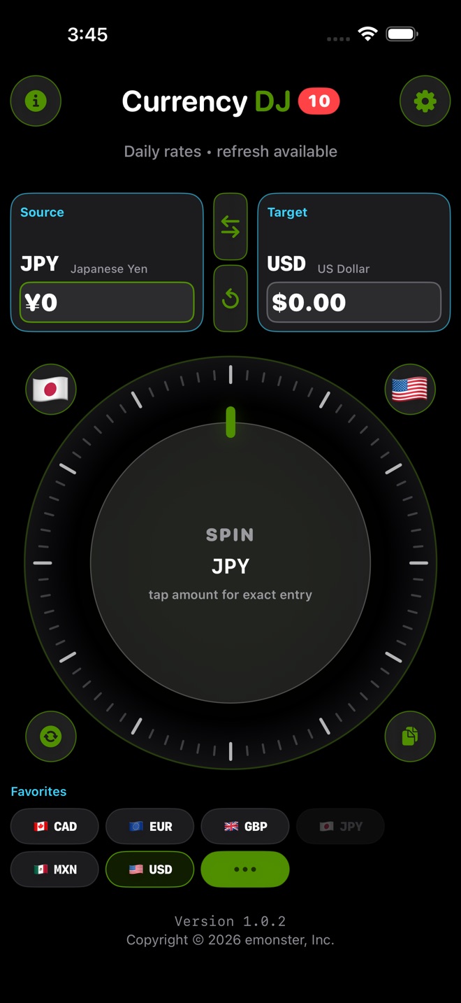 Currency DJ dark converter showing the rate-status line, source and target controls, refresh, copy, and scrub wheel