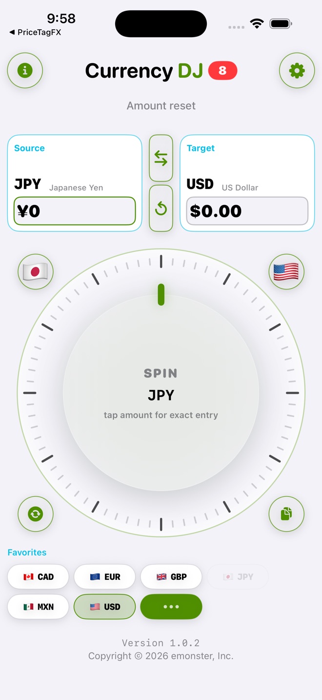 Currency DJ converter in light mode with the large circular scrub wheel and favorites