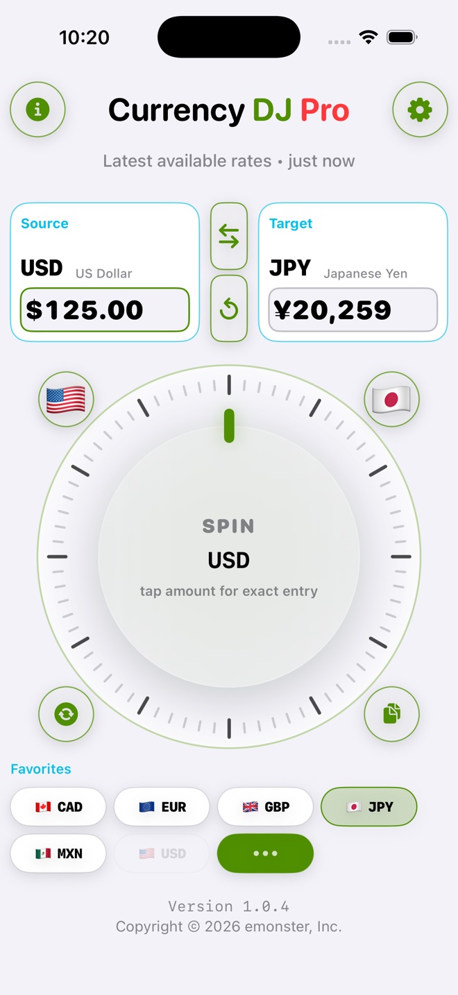 Currency DJ Pro converter on iPhone showing USD to JPY cards, latest-available rate status, favorites, and the scrub wheel