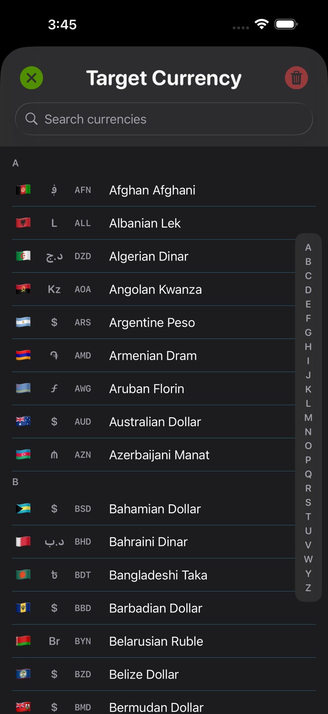 Currency DJ target-currency picker with search, currency names, three-letter codes, symbols, flags, and alphabet index
