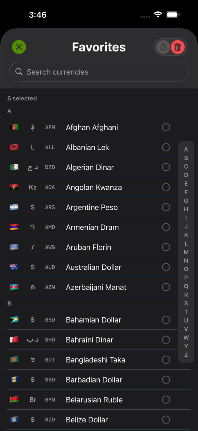 Currency DJ favorites editor listing currencies with selection controls